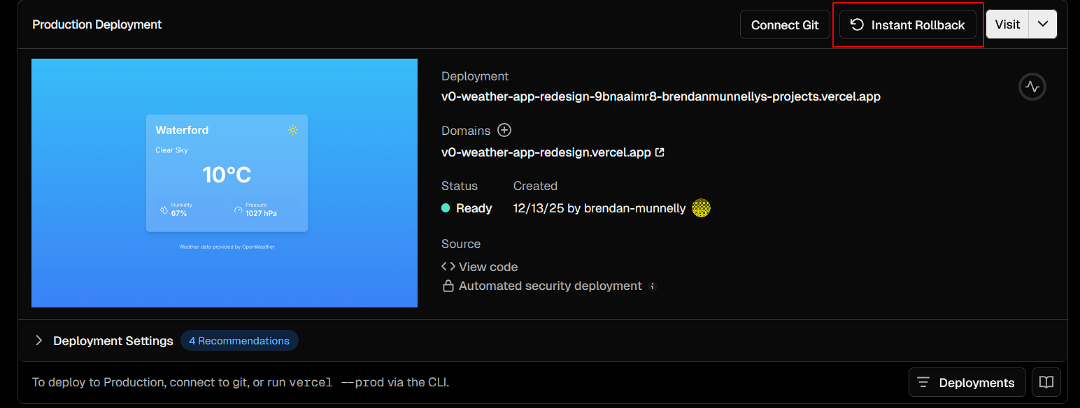 Dashboard rollback screenshot